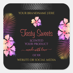 Black Product Labels Colourful Hawaiian Flowers