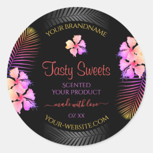 Black Product Labels Colourful Hawaiian Flowers