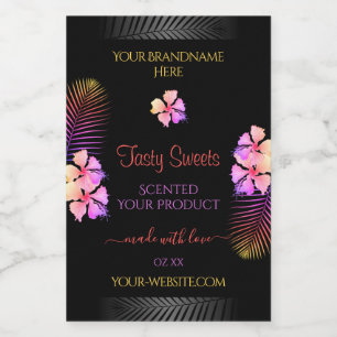 Black Product Labels Colourful Hawaiian Flowers