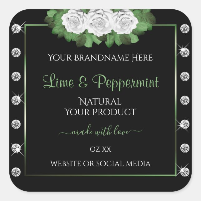 Black Product Labels Green and White Roses Jewels (Front)