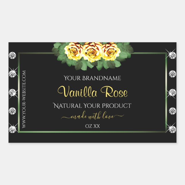 Black Product Labels Green and Yellow Roses Jewels (Front)