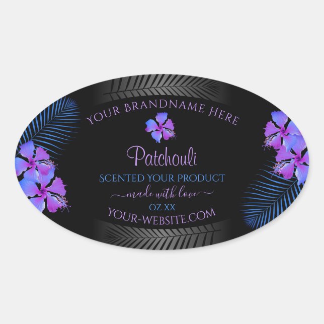 Black Product Labels Tropical Purple Blue Flowers (Front)