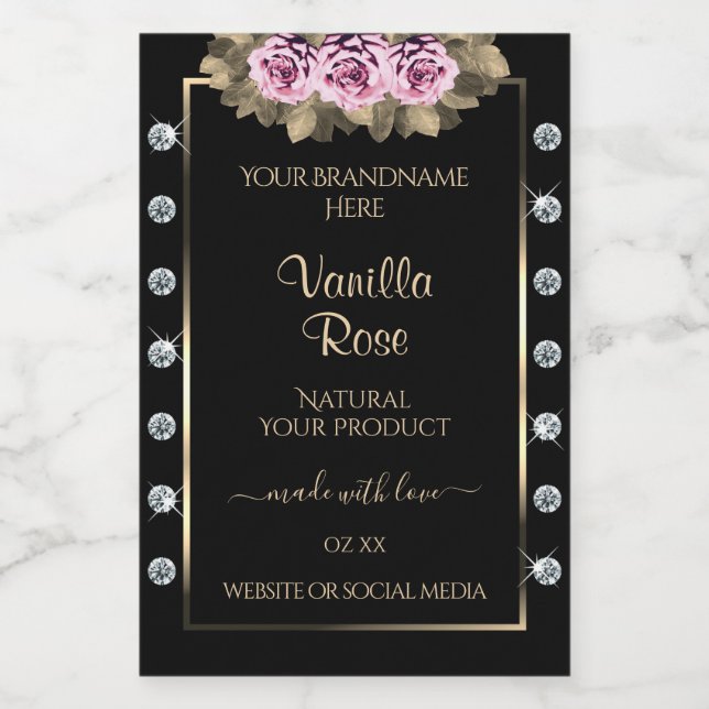 Black Product Packaging Labels Roses and Diamonds (Single Label)