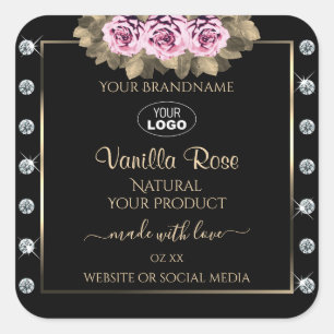Black Product Packaging Labels Roses Diamonds Logo