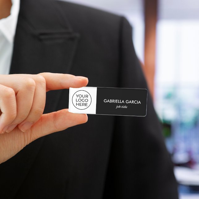 Black Professional Business Logo Employee  Name Tag (Choose corner style, traditional or magnetic fastener)