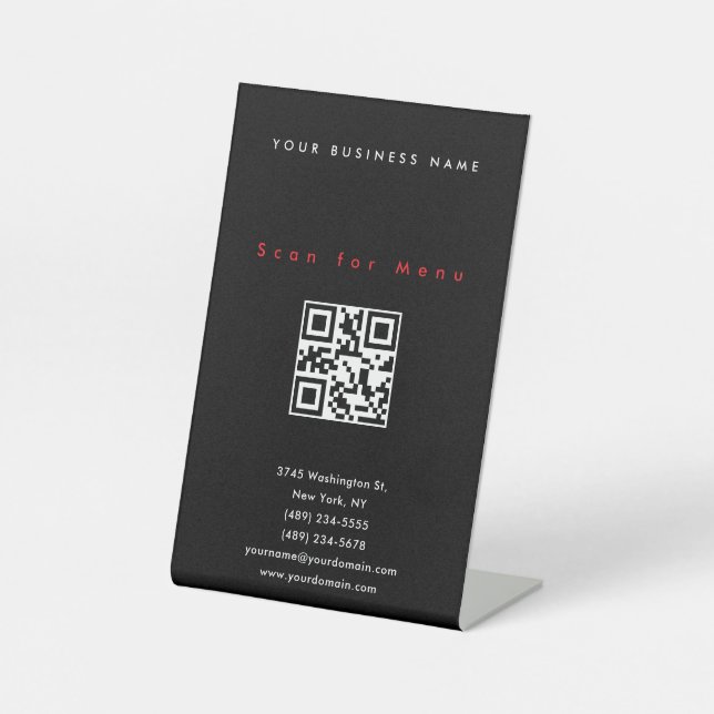 Black Professional Scannable QR Code Menu Pedestal Sign (Front)