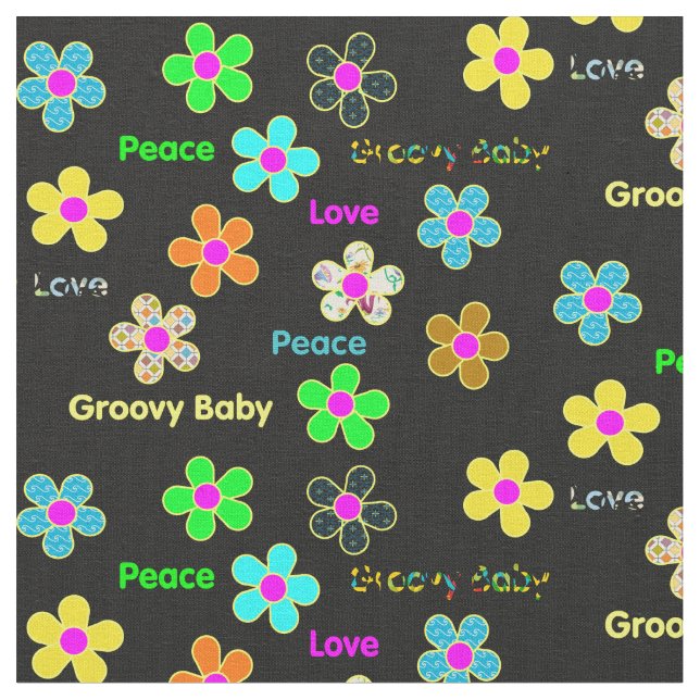 Black Psychedelic 60s Groovy Flowers Print Fabric (Close Up)