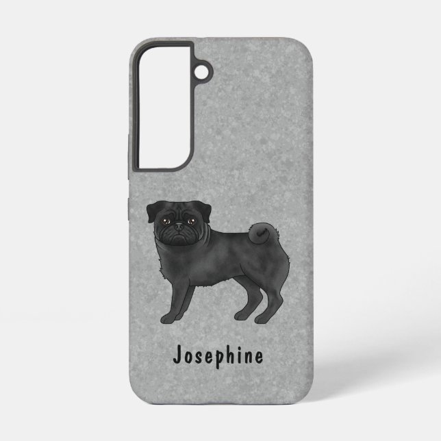 Black Pug Cartoon Dog Drawing On Grey With Name Samsung Galaxy S22 Case (Back)