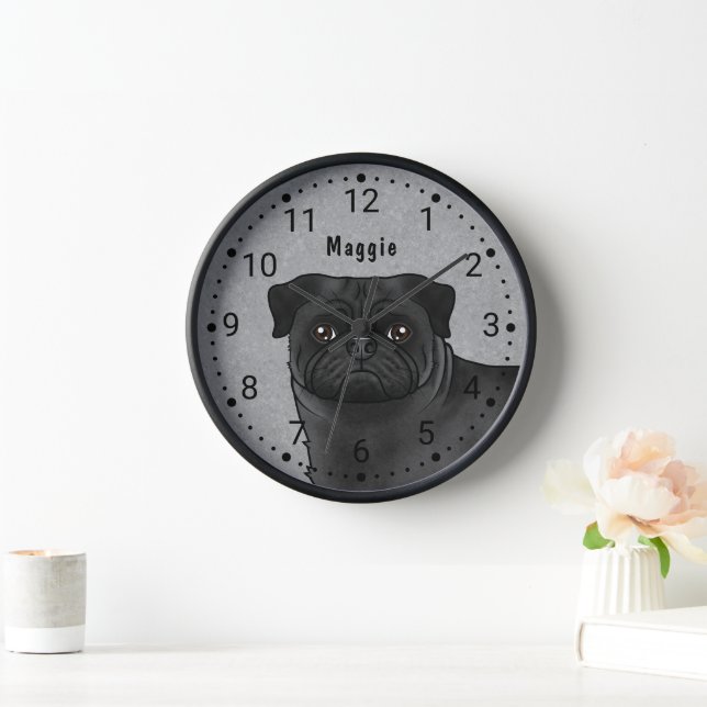 Black Pug Cartoon Dog Head Close-Up And Name Grey Clock (Home)