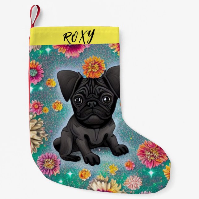 Black Pug  Christmas Stocking with name. (Front)