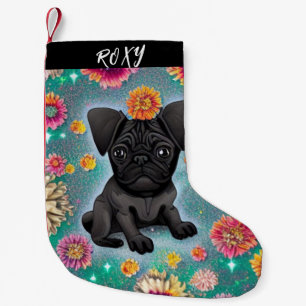 Black Pug  Christmas Stocking with name.