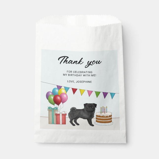 Black Pug Cute Cartoon Dog Birthday Thank You Favour Bag (Front)