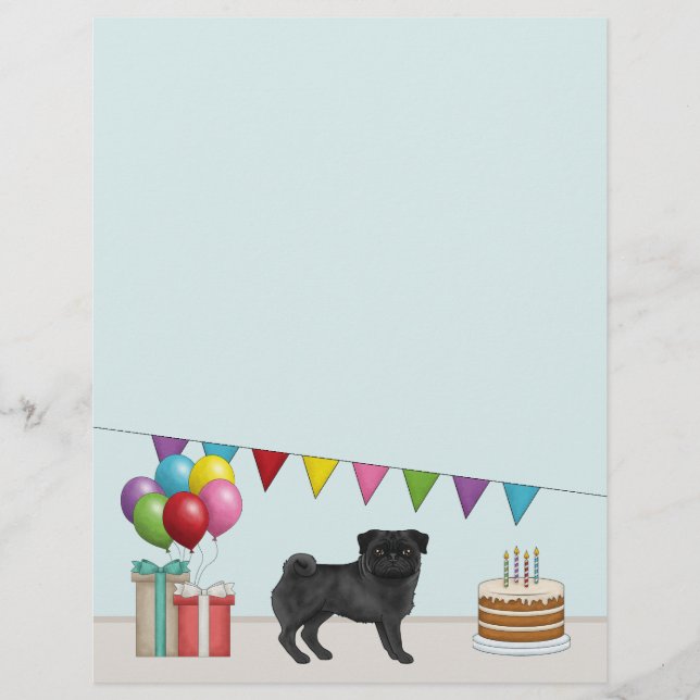 Black Pug Cute Cartoon Dog Colourful Birthday Custom Letterhead (Front)