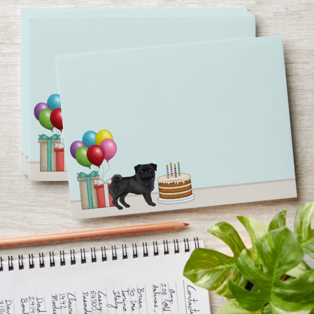 Black Pug Cute Cartoon Dog Colourful Birthday Envelope (Stacked)