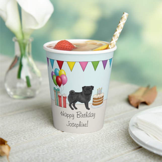 Black Pug Cute Cartoon Dog Colourful Birthday Paper Cups (Insitu)