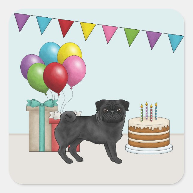 Black Pug Cute Cartoon Dog Colourful Birthday Square Sticker (Front)