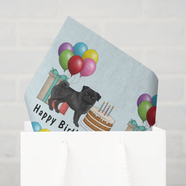 Black Pug Cute Cartoon Dog Colourful Birthday Tissue Paper (Gift Bag)