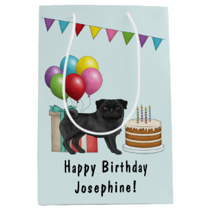 Black Pug Cute Cartoon Dog Colourful Happy Birthda Medium Gift Bag