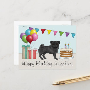 Black Pug Cute Cartoon Dog Colourful Happy Birthda Postcard