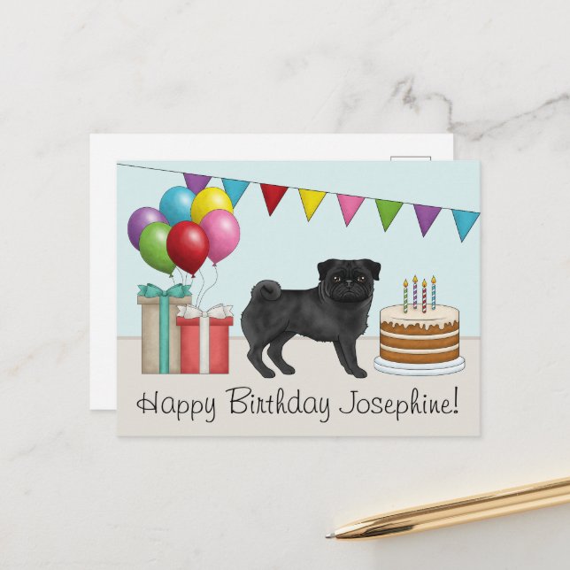 Black Pug Cute Cartoon Dog Colourful Happy Birthda Postcard (Front/Back In Situ)