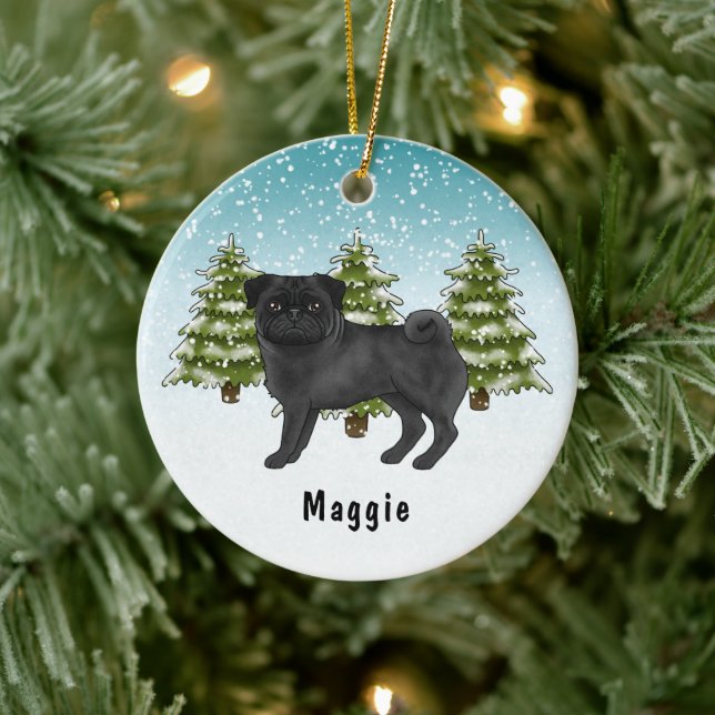 Black Pug Cute Cartoon Dog Snowy Winter Forest Ceramic Ornament (Tree)
