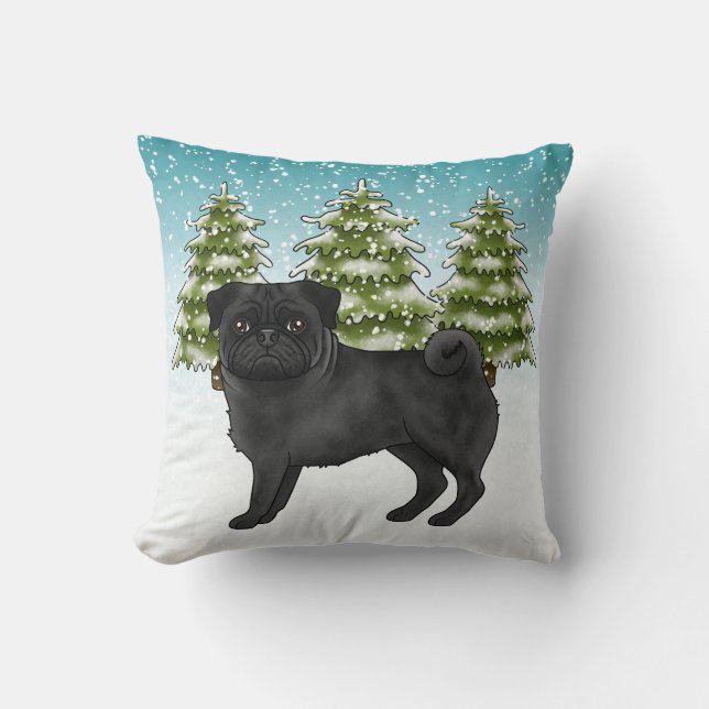 Black Pug Cute Cartoon Dog Snowy Winter Forest Cushion (Front)