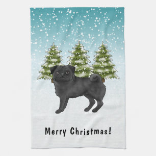 Black Pug Cute Cartoon Dog Snowy Winter Forest Tea Towel