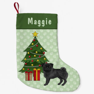 Black Pug Cute Cartoon Dog With A Christmas Tree Small Christmas Stocking