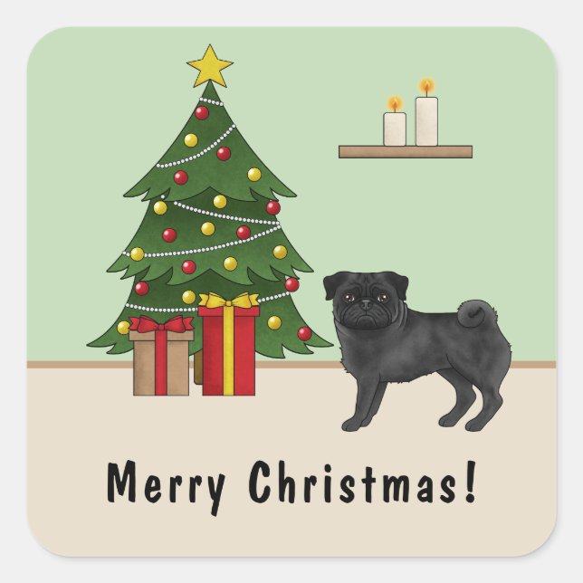 Black Pug Cute Cartoon Dog With A Christmas Tree Square Sticker (Front)