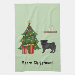 Black Pug Cute Cartoon Dog With A Christmas Tree Tea Towel