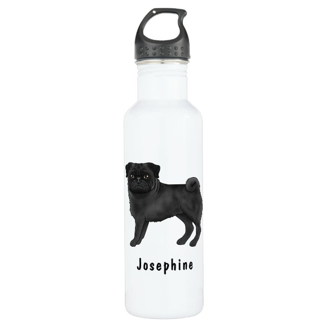 Black Pug Cute Cartoon Dog With Custom Name 710 Ml Water Bottle (Front)
