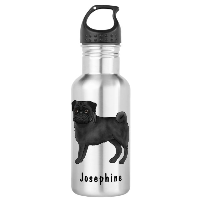 Black Pug Cute Cartoon Dog With Custom Name 710 Ml Water Bottle (Front)