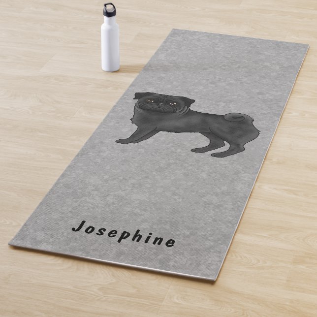Black Pug Cute Cartoon Dog With Custom Name Blue Yoga Mat (In Situ)