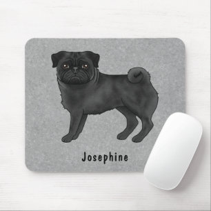 Black Pug Cute Cartoon Dog With Custom Name Grey Mouse Pad