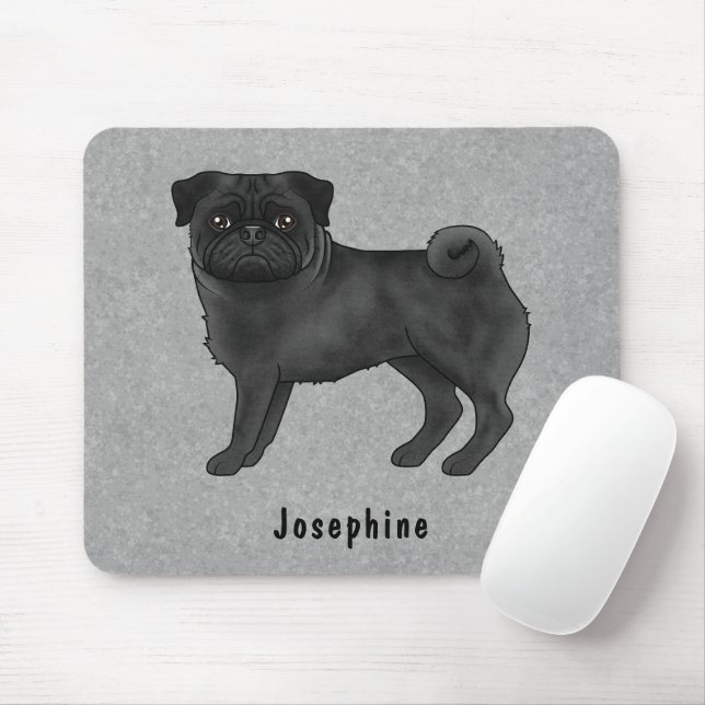 Black Pug Cute Cartoon Dog With Custom Name Grey Mouse Pad (With Mouse)