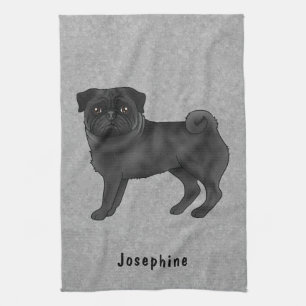 Black Pug Cute Cartoon Dog With Custom Name Grey Tea Towel