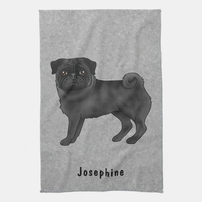 Black Pug Cute Cartoon Dog With Custom Name Grey Tea Towel (Vertical)