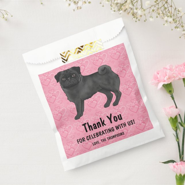 Black Pug Cute Mops On Pink Hearts Thank You Favour Bag (Sealed)