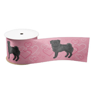 Black Pug Dog Cartoon Mops And Hearts Pattern Pink Satin Ribbon