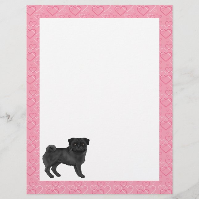 Black Pug Dog Cartoon Mops Love Heart Pattern Pink Custom Letterhead (Front)