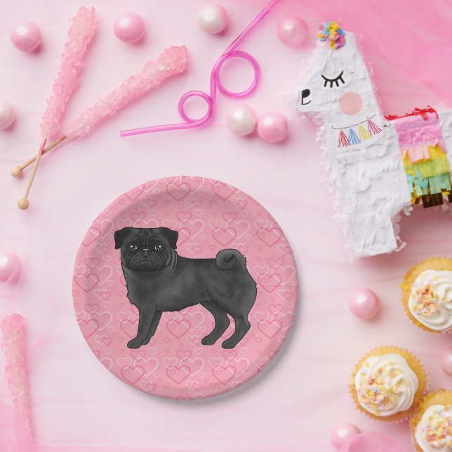 Black Pug Dog Cartoon Mops Love Heart Pattern Pink Paper Plate (Party)