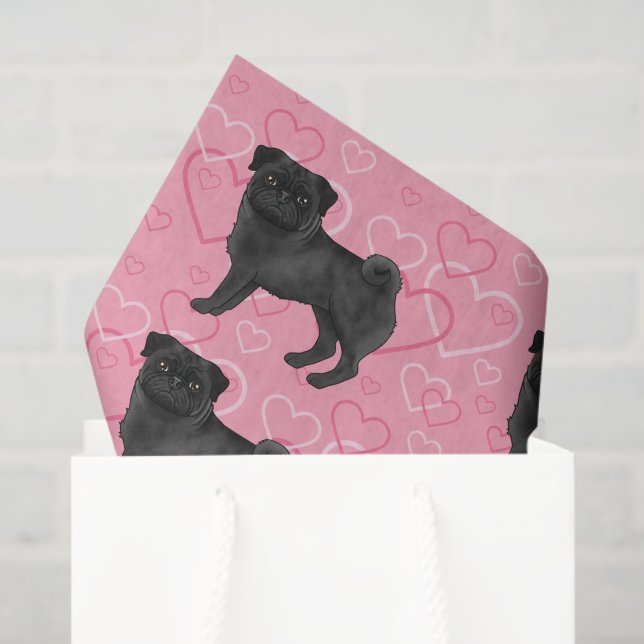 Black Pug Dog Cartoon Mops Love Heart Pattern Pink Tissue Paper (Gift Bag)