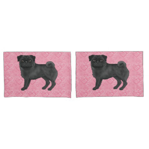Black Pug Dog Cartoon Mops Pink Love Heart Pattern Pillowcase
