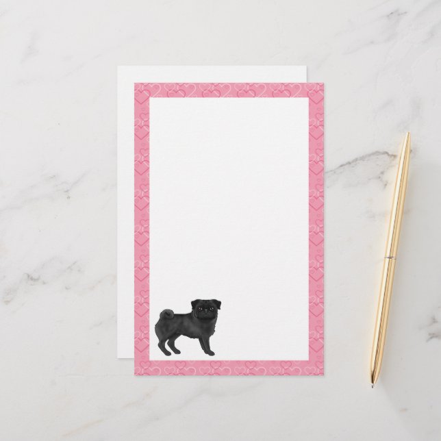 Black Pug Dog Cartoon Mops Pink Love Heart Pattern Stationery (Front/Back In Situ)