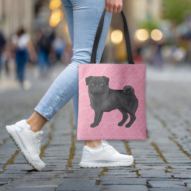 Black Pug Dog Cartoon Mops Pink Love Heart Pattern Tote Bag (Please note: This image is a digital mockup. The product may not be in scale.)