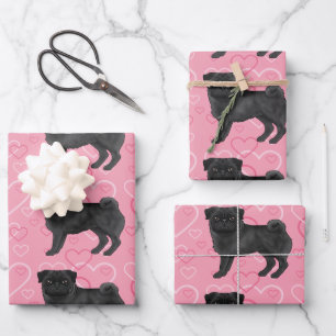 Black Pug Dog Cartoon Mops Pink Love Heart Pattern Wrapping Paper Sheet