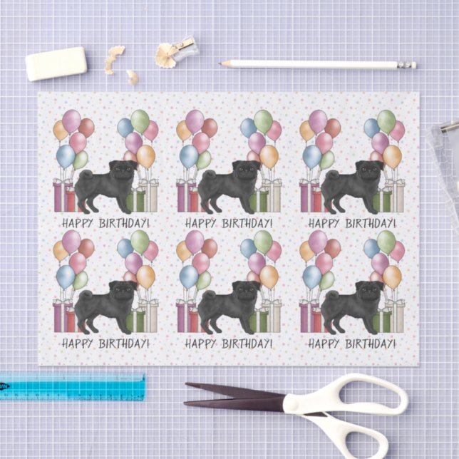 Black Pug Dog Colourful Pastel Happy Birthday Tissue Paper (Craft)