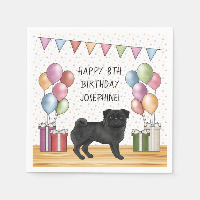 Black Pug Dog Colourful Pastels Happy Birthday Napkin (Front)