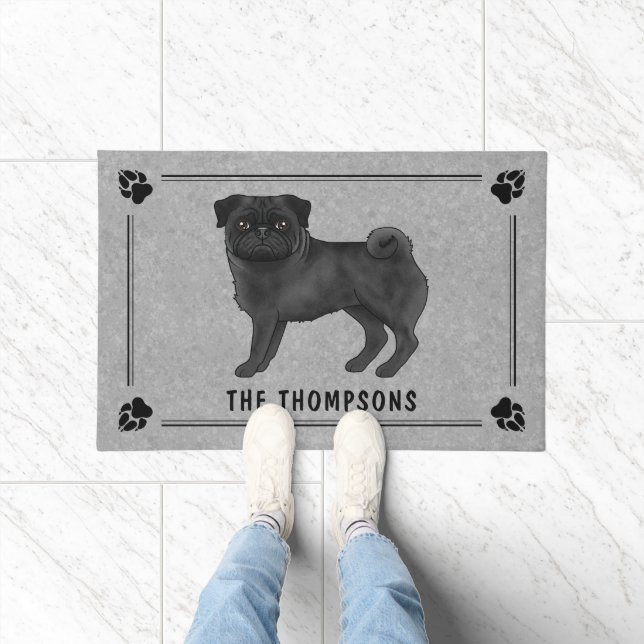 Black Pug Dog Cute Cartoon Design With Family Name Doormat (Indoor)