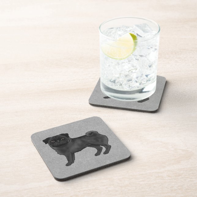 Black Pug Dog Cute Cartoon Dog Animal On Grey Coaster (Right Side)